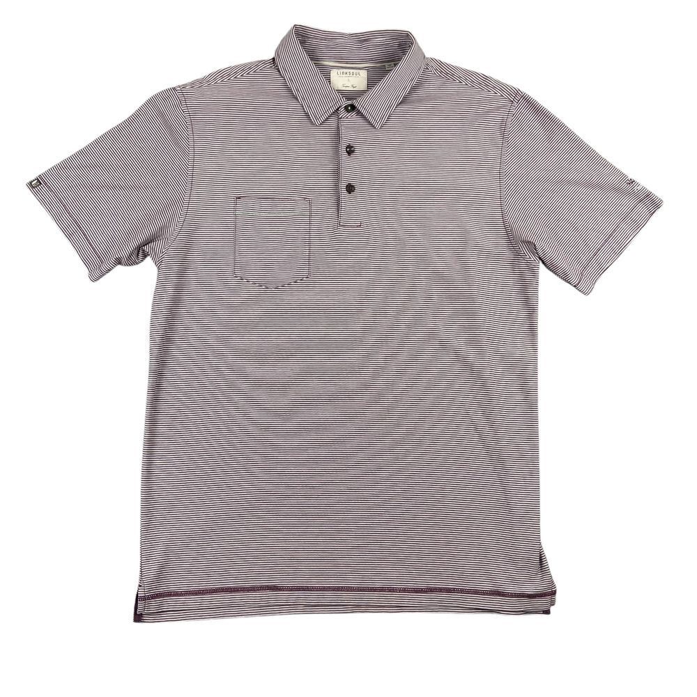 LinkSoul Golf Polo Shirt Mens Size L Burgundy Golf Shirt White Striped Excellent